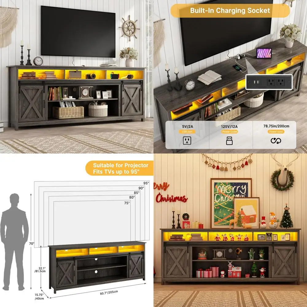 Double Layer Wooden Farmhouse TV Stand with Storage for 90/85 Inch TVs, Entertainment Center Style