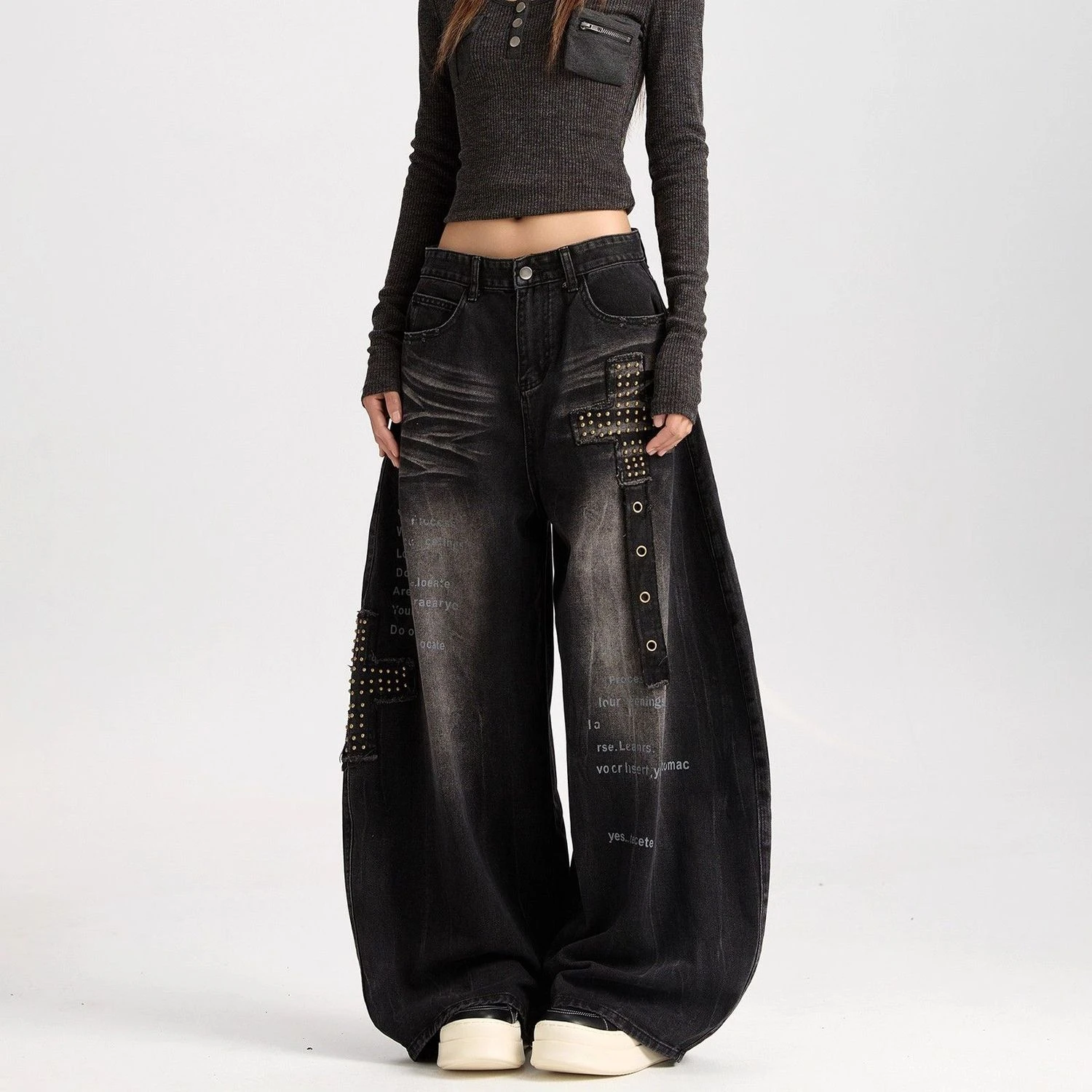 Women's High Waist Wide Leg Black Jeans Studded Cross Patch Letter Print Distressed Gothic Y2K Streetwear Loose Denim Trousers
