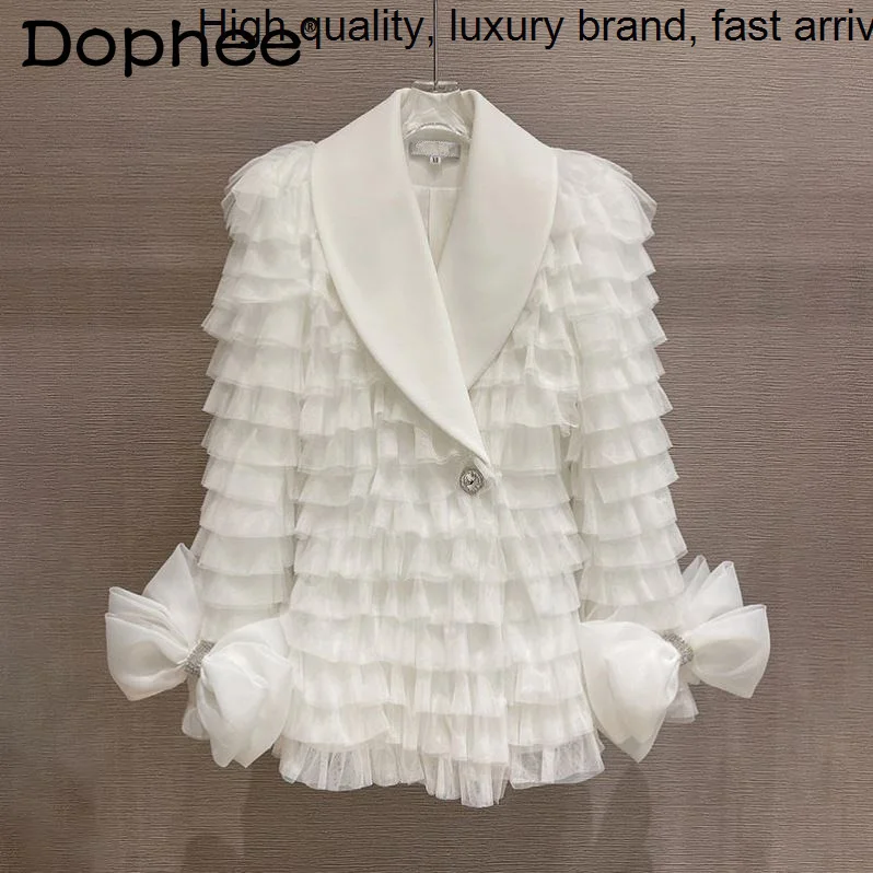 Diamond Sweet Bow Buttons White Suit Coats Women Layered Mesh Feather Slim Blazer Jacket 2023 Spring New Fashion Clothing