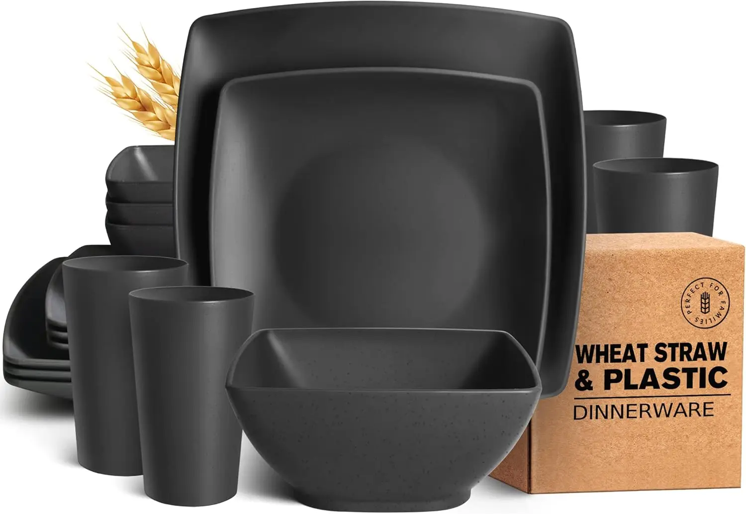 

16-piece Plastic Wheat Straw Square Dinnerware Set for 4, Unbreakable Dinner Plates, Salad Plates, Snack Bowls, Tumblers 13.5 oz