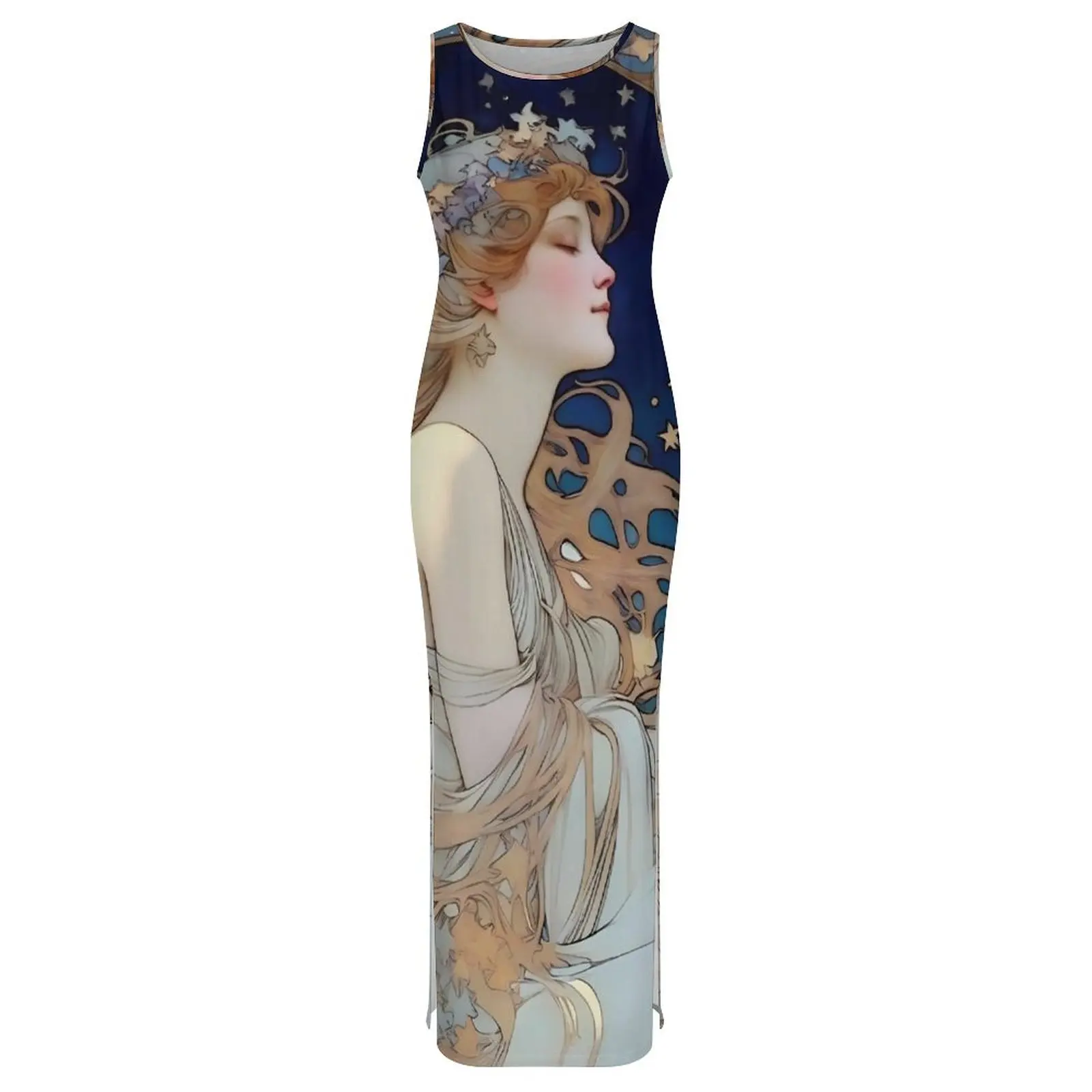 Robe moulante pour femme élégante Art Nouveau Maxi robes vacances Alphonse Mucha inspirée de la lune et des étoiles Y2K robe graphique de mode