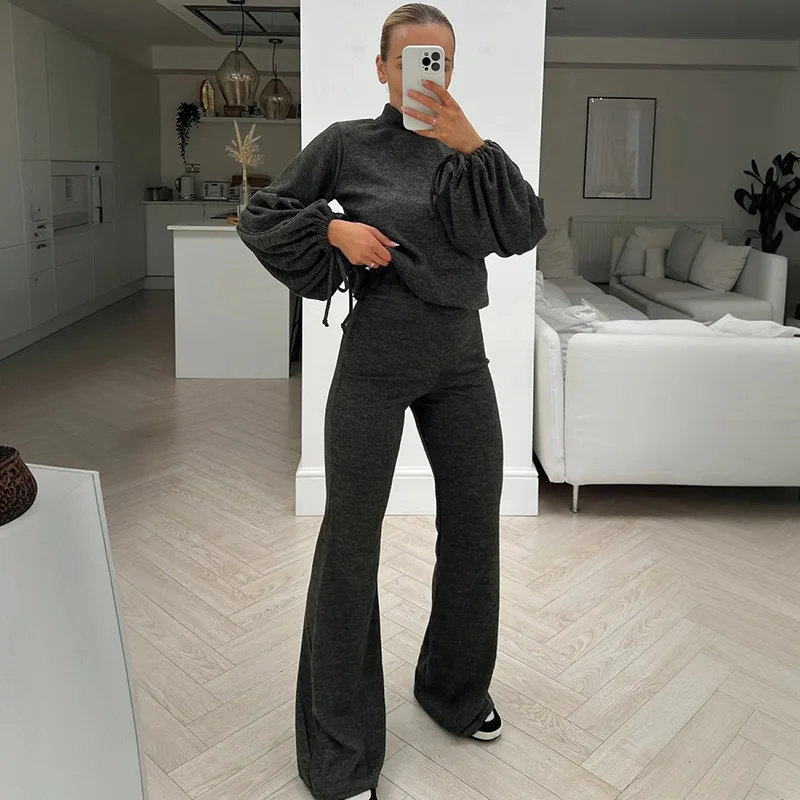 

Blifanbo Flared Pants Two Pieces Set Women Turtleneck Lantern Sleeve Top And Fashion Patchwork Long Pants Female Casual Set New