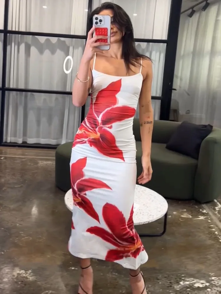 Summer Printed Maxi Dress For Women Backless Fashion Slim High Waist Spaghetti Dress Holiday Patchwork Female Long Dress 2026