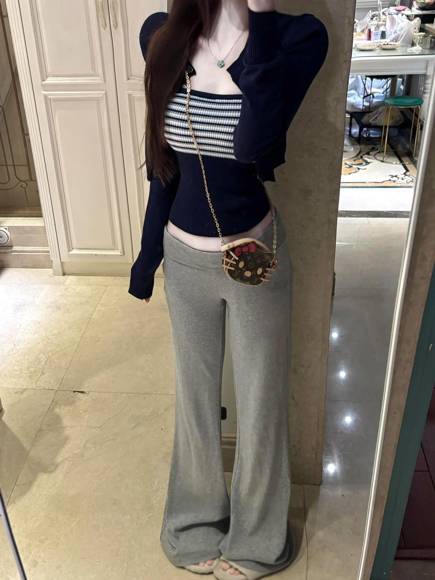 

Spring Pure Desire Women's Knitted Slim Fit Tube Top Long Sleeve Two-Piece Set High Waist Striped Fashion Ensemble