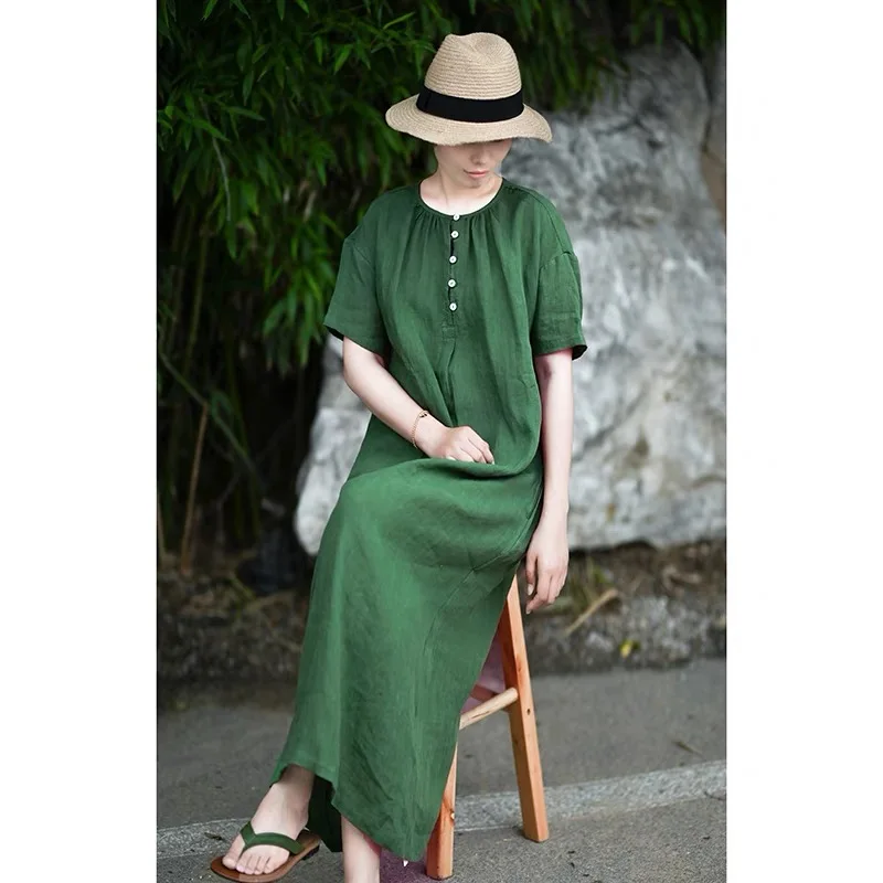 Chubby Girl Loose Western Sle Cotton and Linen Dress Women Summer Retro Short sleeve Versatile Mid-Length Linen Temperament...