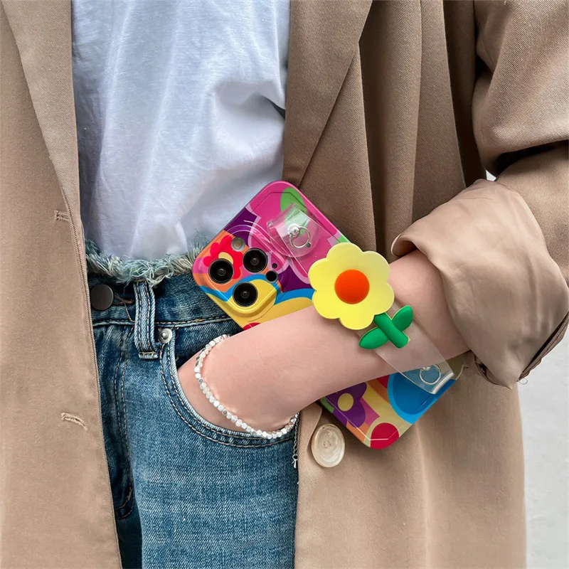 

Stylish Rainbow Flower Wrist Band Cell Phone Case For iphone16 15Pro Max 14 13 12 Crossbody Cord Silicone Protected Back Cover