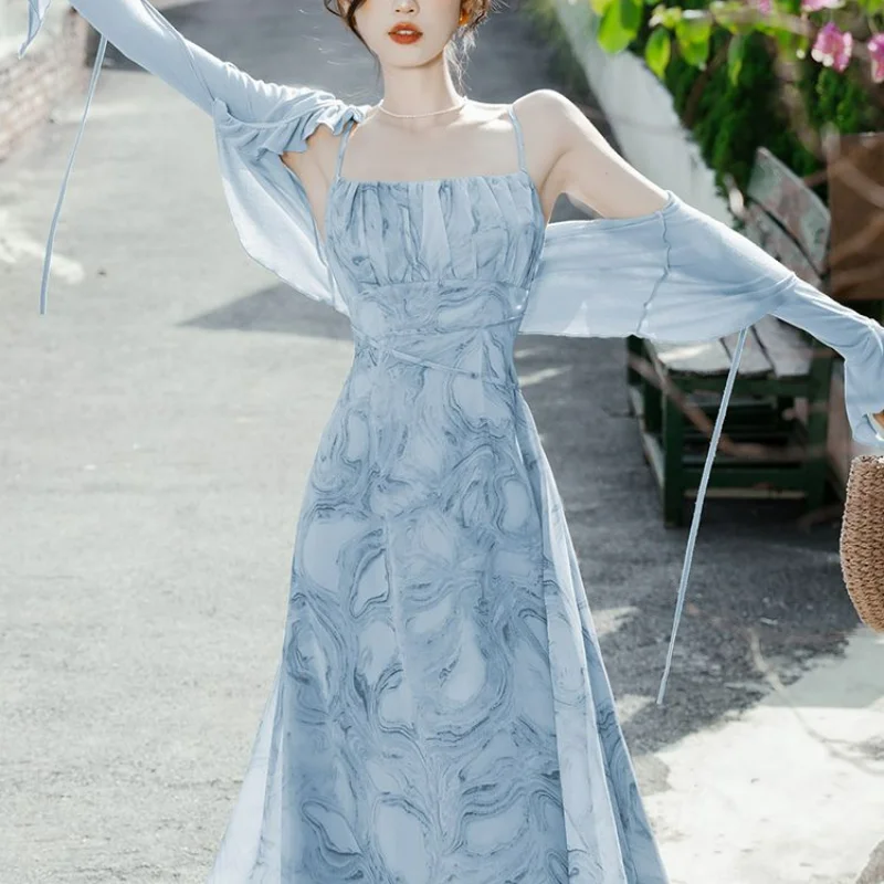 2024 French Floral Square Neck Camisole Dress Fairy Style Sweet Seaside Vacation Beach Unique Long Sleeve Cardigan Two Piece Set