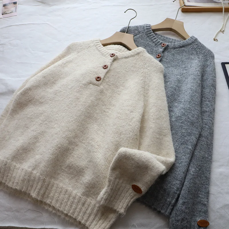 Loose Women's Knitted Sweater round Ne Tee Button Casual Sle Autumn Winter New Arrival Comfortable Long Sve Top