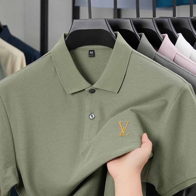 الفاخرة جودة الرجال قميص بولو التلبيب تي شيرتات قصيرة الاكمام الصيف جديد بلون التطريز بسيط موضة الأعمال ملابس رجالية