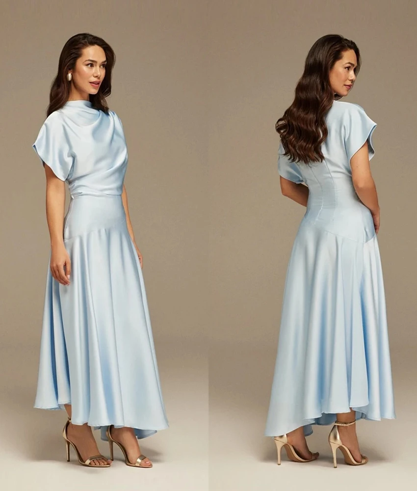 

Customized Graceful Satin A-Line Evening Dress Temperament O-neck Short Sleeves Floor Length فستان سهرة نسائي