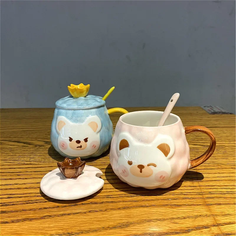 

Korean Cute Cartoon Creative Design Ceramic Mug with Lid Spoon Home Office Drinking Cup Breakfast Milk Coffee Cup Coffee Mug