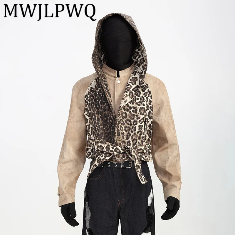 

MWJLPWQ Короткая дизайнерская кожаная куртка с леопардовым принтом и капюшоном, мужская осенне-зимняя деконструированная уличная одежда, элитный свободный топ 12218