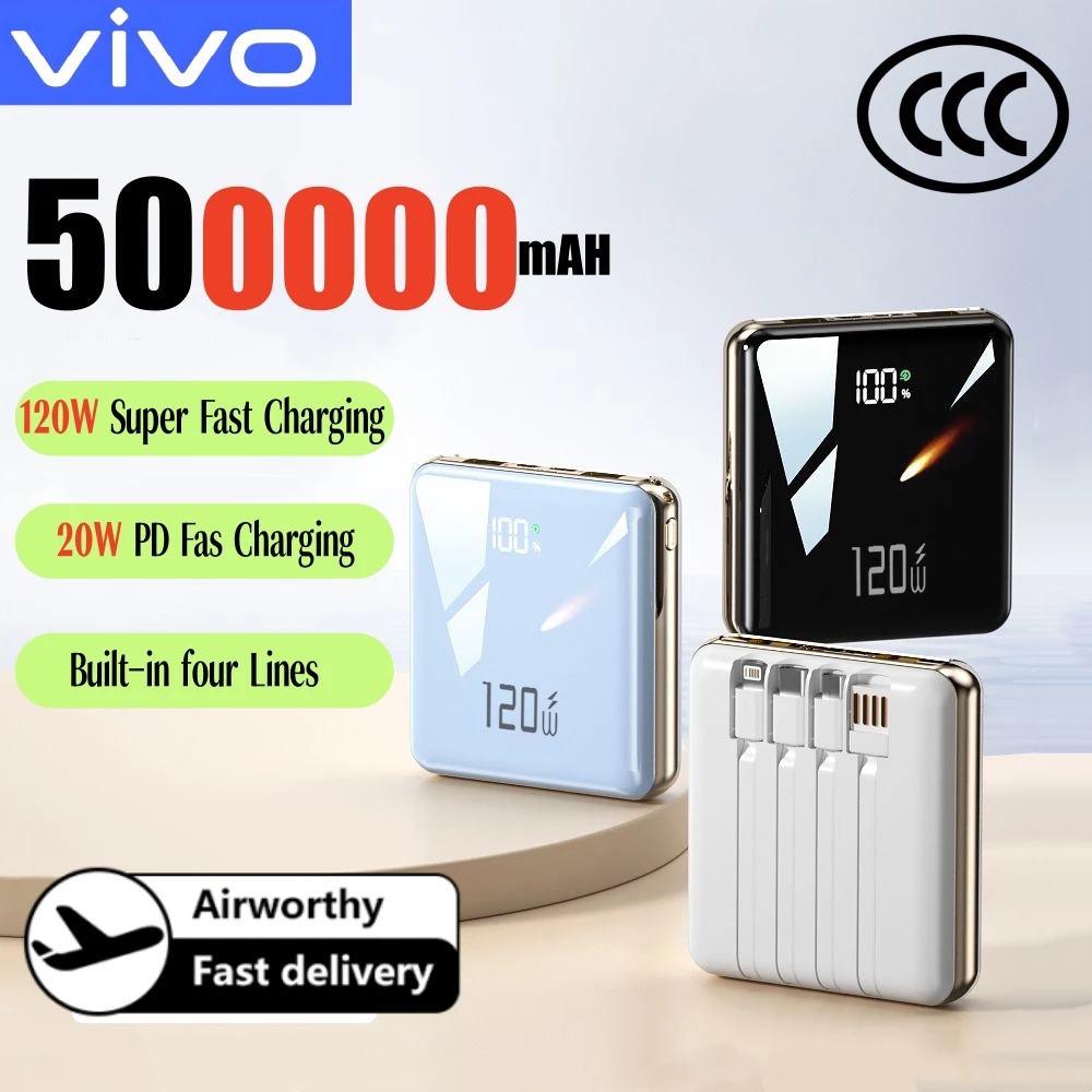 

Портативный мини-аккумулятор VIVO 500000 мАч 120 Вт с супербыстрой зарядкой и 4 кабелями 4-в-1 для iPhone и Samsung