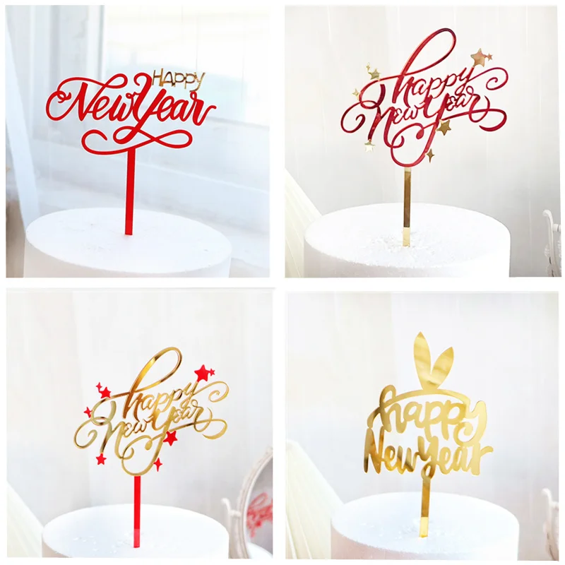 2023 Happy New Year birthday Cake Topper Red Gold Acrylic Kids New Year's Party Cake Topper Home Party Gifts Dessert Decoration