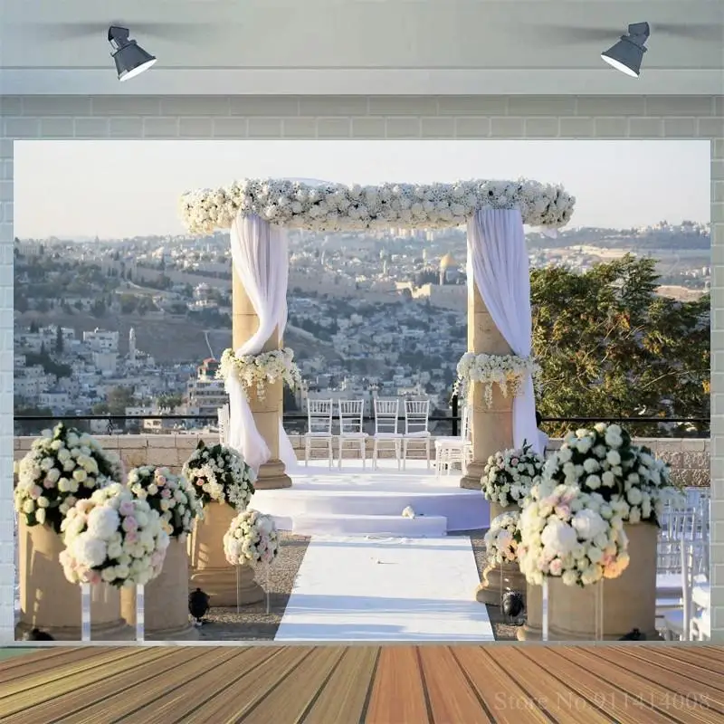 

Romantic Outdoor Rooftop Wedding Flowers Stage Photography Background City Building View Marriage Party Backdrop For Photo