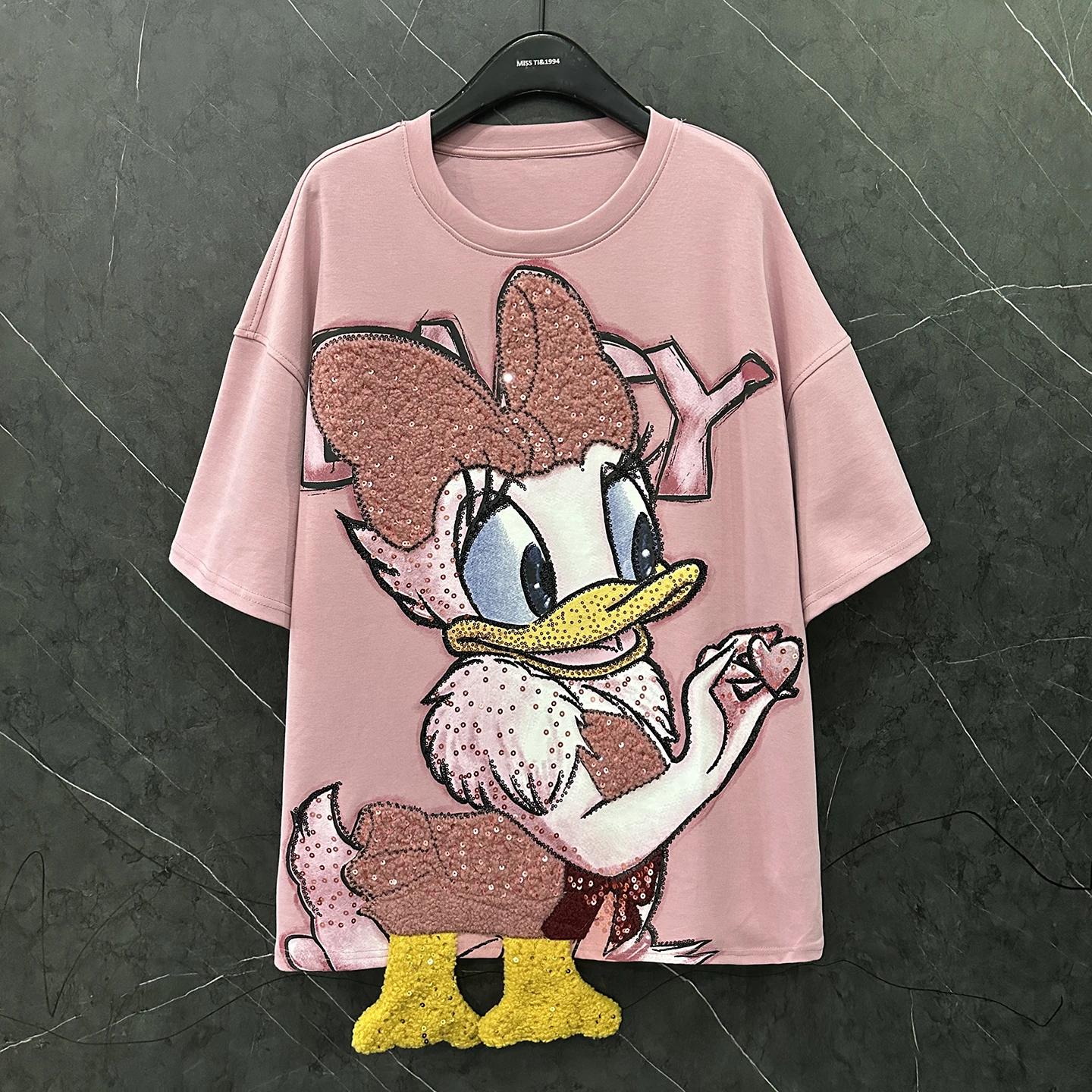 2025 Autumn New Heavy Industry Flocking Embroidery Cartoon Short Sleeve T-Shirt for Women Loose Casual Sweet Style Pink Top
