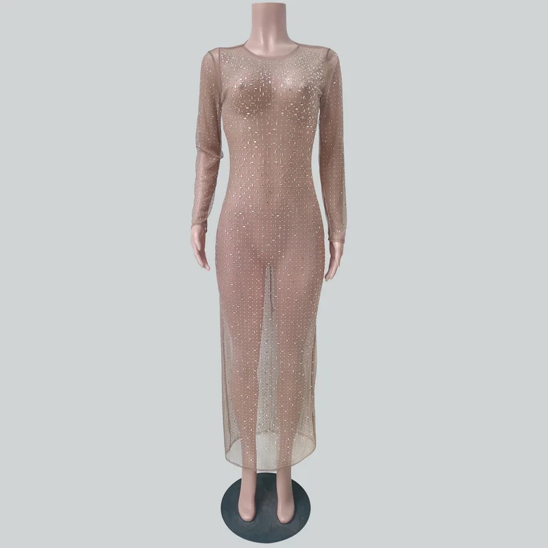 Vestido largo de malla con agujeros para mujer, vestidos de temperamento de fiesta, cintura alta, Sexy, a la moda, con diamantes calientes