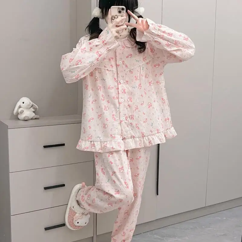 أطقم بيجامات نوم نسائية من Sanrio My Melody سراويل كاواي كارتونية للطلاب للربيع والخريف بأكمام طويلة ملابس منزلية #2
