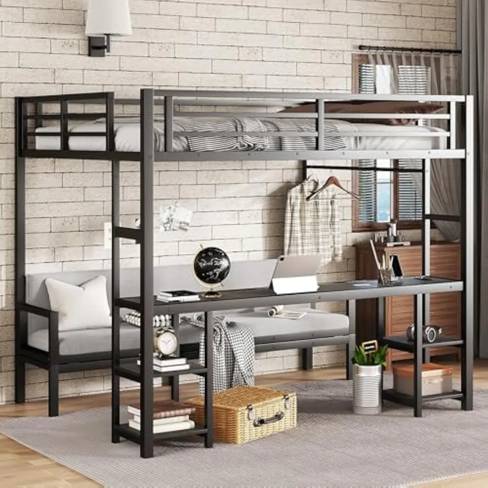 Bellemave Futon bunk Bed Twin XL Over Queen، سرير علوي كوين مع فوتون ومكتب وأرفف، سرير علوي مع Des Kand LED وUSB،