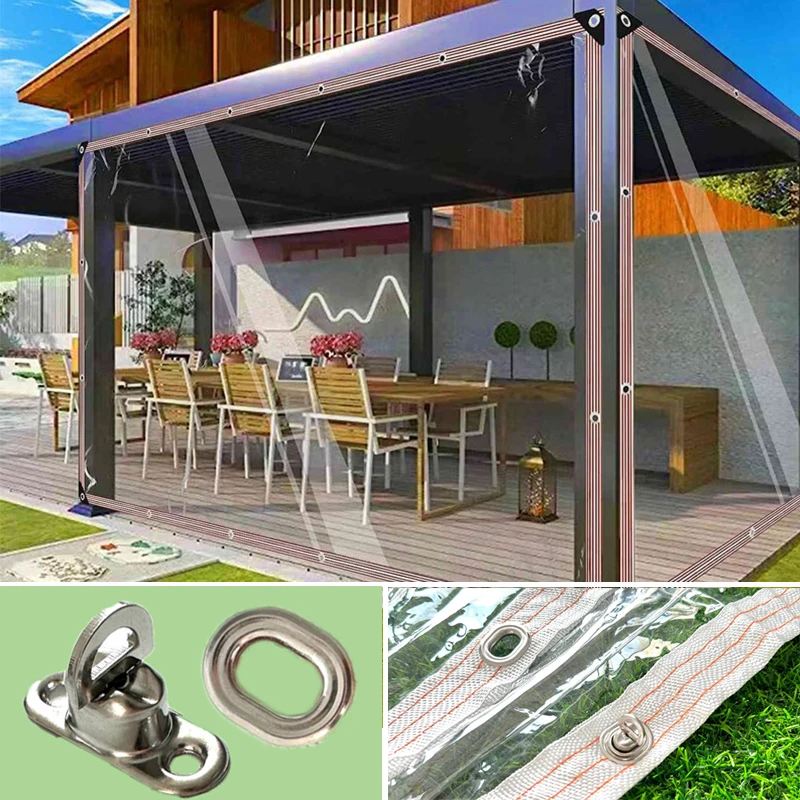 Outdoor Pergola Clear Tarp Curtain with Twist Locks Transparent Tarpaulin Detachable Balcony Windproof Screen Rainproof Cloth