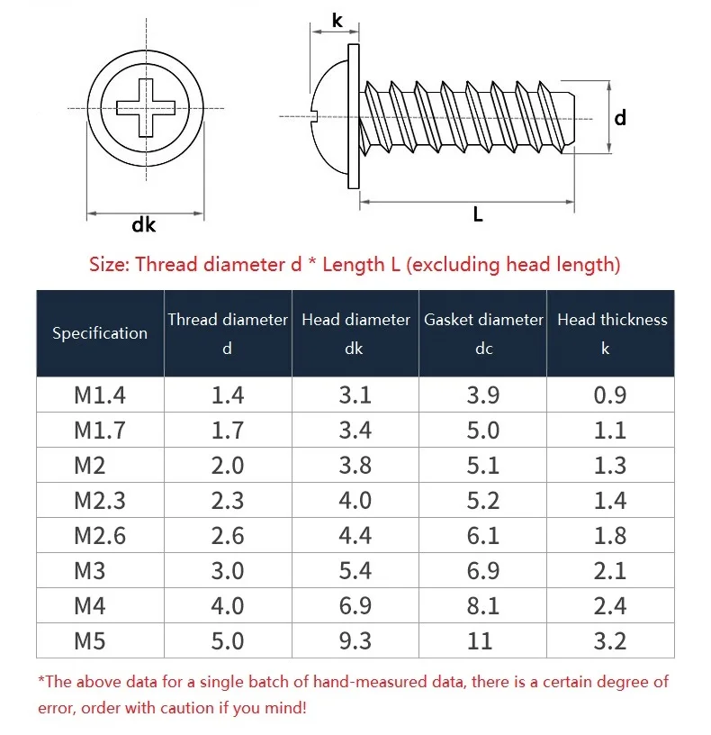 M1.7 M2 M2.2 M2.6 M3 M3.5 M4 304 Stainless Steel Cross Round Head with Washer Flat End / Cut Tail Self Tapping Screw Wood Screws