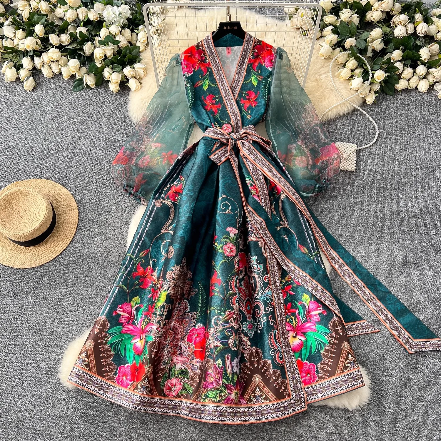 2025 Spring Summer Runway Gorgeous Flower Dress Women's V-Neck Mesh Lantern Sleeve Floral Print Bandage Up Party Vestidos