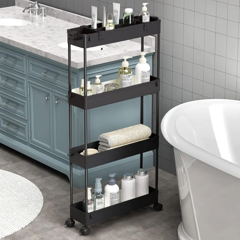 

Slim Storage Cart 4 Tier,Bathroom Organizer Rolling Utility,Mobile Shelving Unit Slide Out