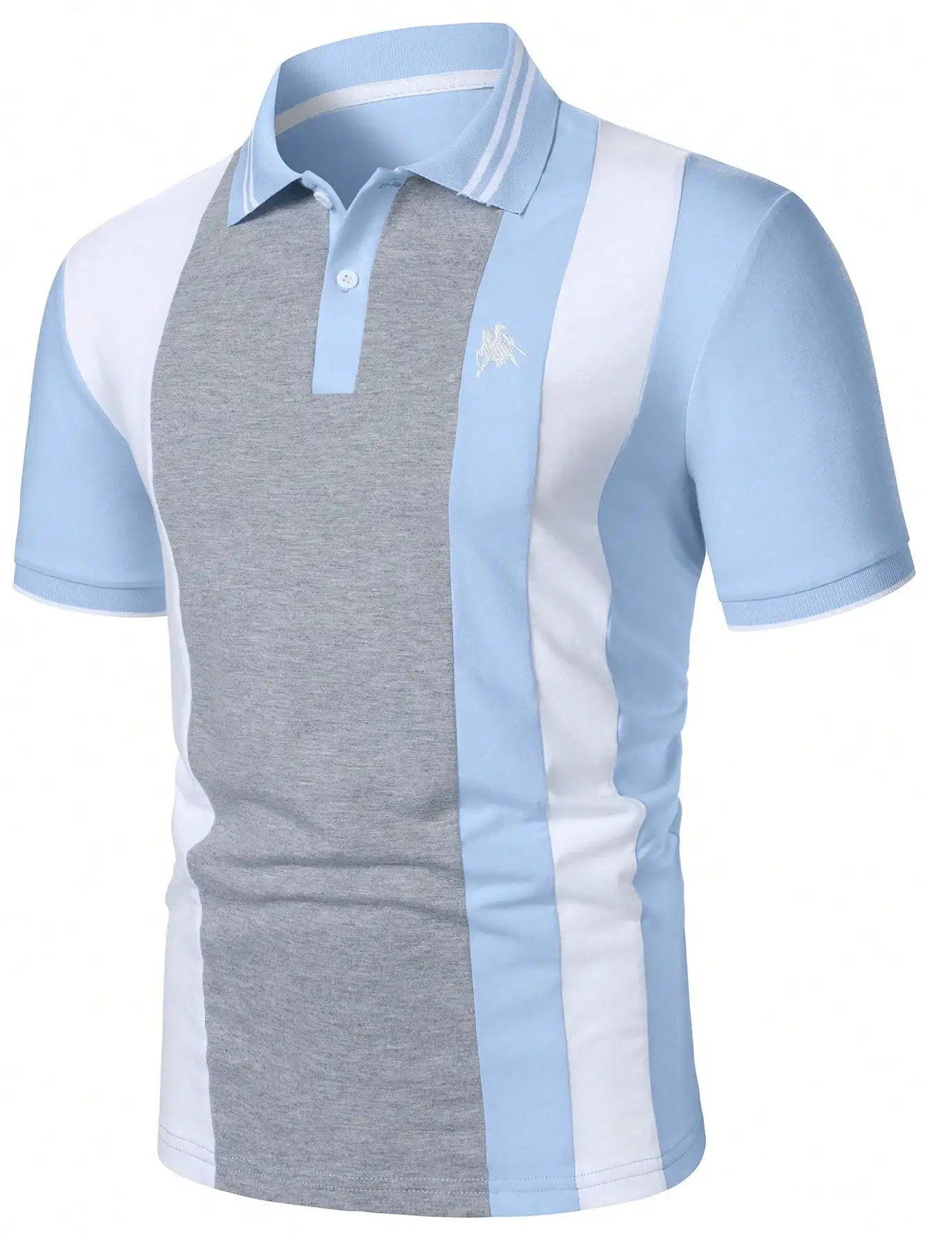 

Men's Colorblock Short Sleeve Polo Shirt in Light Blue, White & Gray
