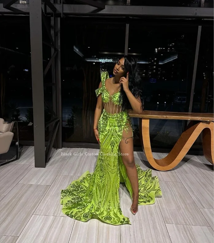 Exquisite Mermaid Prom Dress 2024 Fruit Green One Shoulder Sleeve See Through Corset Sexy High Split Black Girls вечернее платье