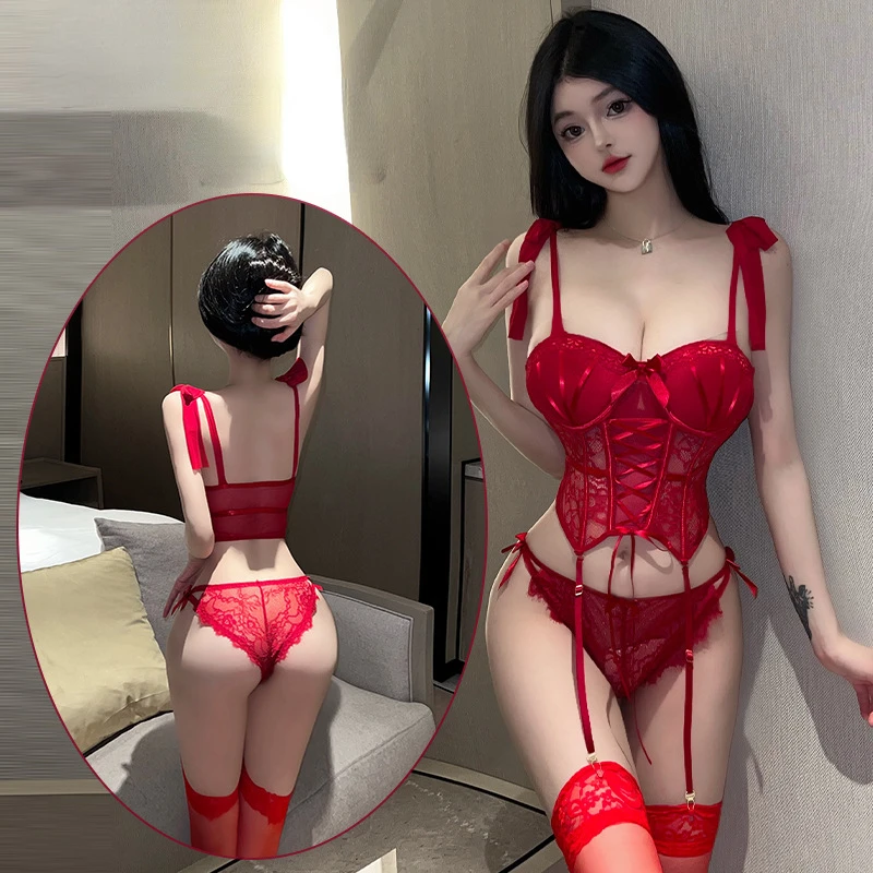 Women\'s Lace See Through  Pajamas Sexy Steel Ring Chest Pads Gathering Top Low Waist Panty 3Pcs Strap Lingerie Set with Stocking