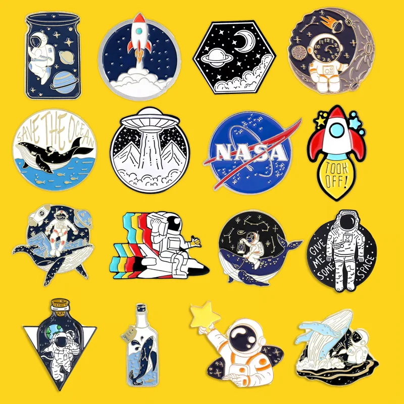 Cartoon Space Astronaut Enamel Pin Cute Spaceship Planet Whale Metal Badge Kids Brooch Fashion Clothes Bag Accessories