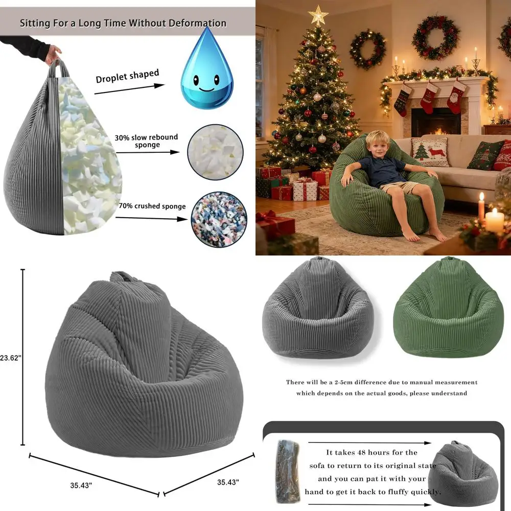 

Memory Foam Bean Bag Chair for Kids and Teens - Corduroy Fabric, Ideal for Living Room, Bedroom, Dorm, and Reading in Gray