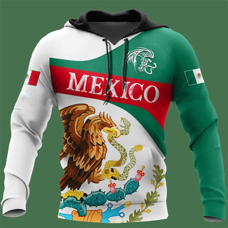 Moletons masculinos com bandeira do México, emblema nacional com capuz impresso em 3D, streetwear casual solto, pulôveres de manga comprida, tendência da moda