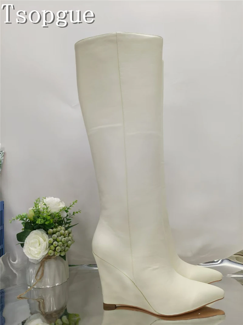 

Women New Wedge Knee High Boots Pointed Toe Solid Slip On High Heel Long Boots Winter Fashion Party Runway Shoes