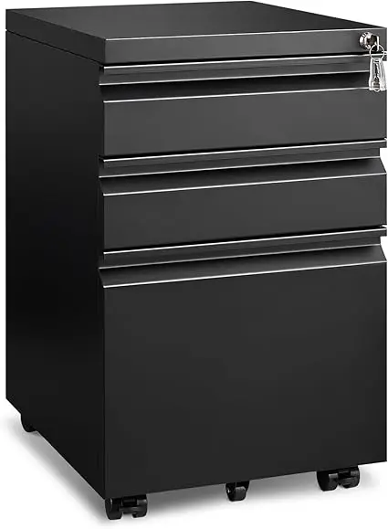 3 Drawer File Cabinet for Home Office, Under Desk Mobile Filing Cabinet with Lock for A4-Size/Letter-Size/Legal-Size, Black