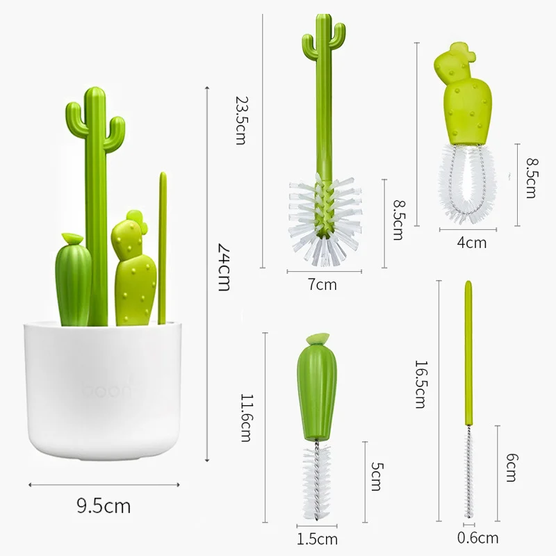 Juego de cepillos de limpieza de biberones 4 en 1 con estante de secado, Kit de cepillo de biberón de Cactus de dibujos animados, depurador de paja