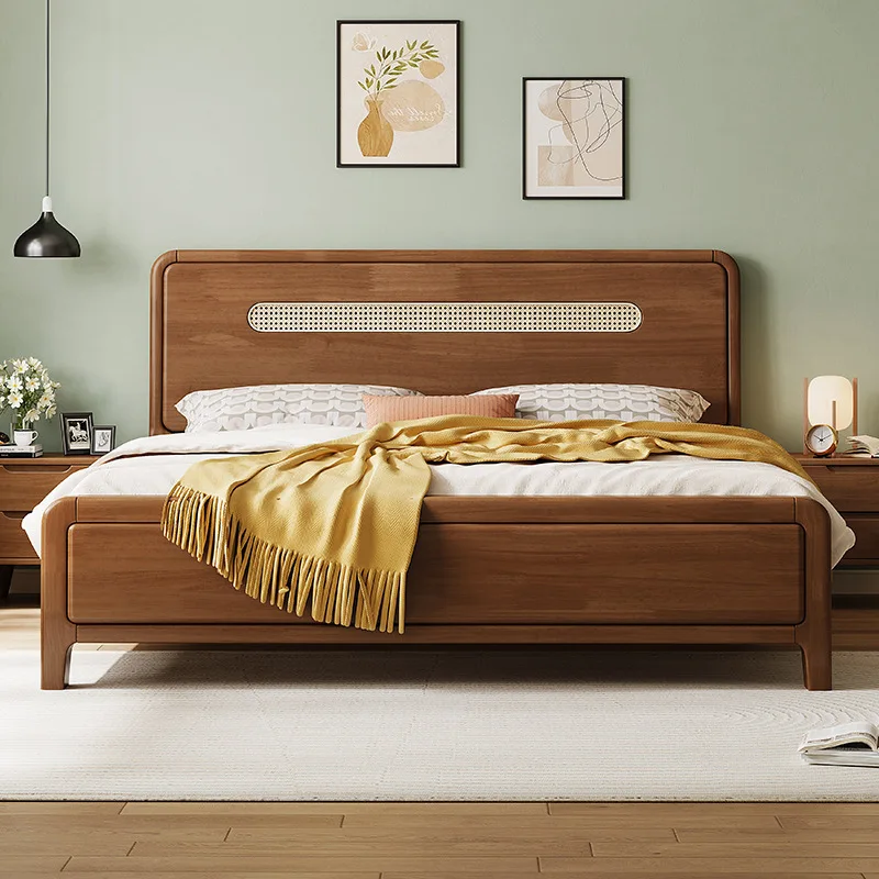 

rattan, solid wood, bed for home use, master bedroom 1.8 meters, double bed, modern, simple, Nordic 1.5m log, homestay, retro