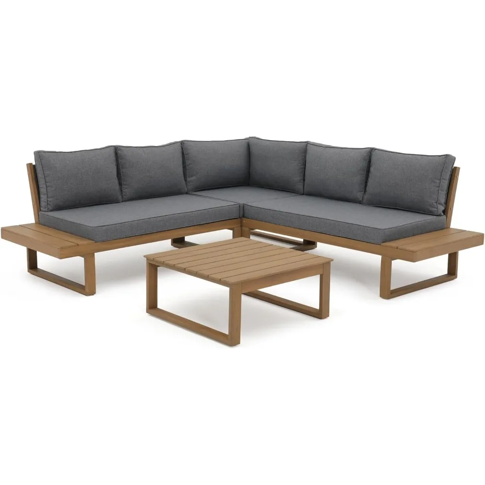 

A Four-piece Acacia Wood Terrace Furniture Set, L-shaped Outdoor Sofa Set, Including Coffee Table and Built-in Side Table