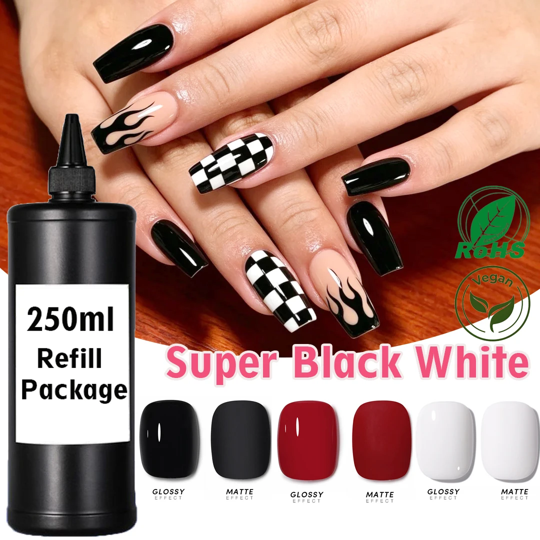 Vernis à ongles semi-permanent en gel couleur noir et blanc pur, modèle économique 250g, rechargeable, à retirer par trempage, compatible UV/LED