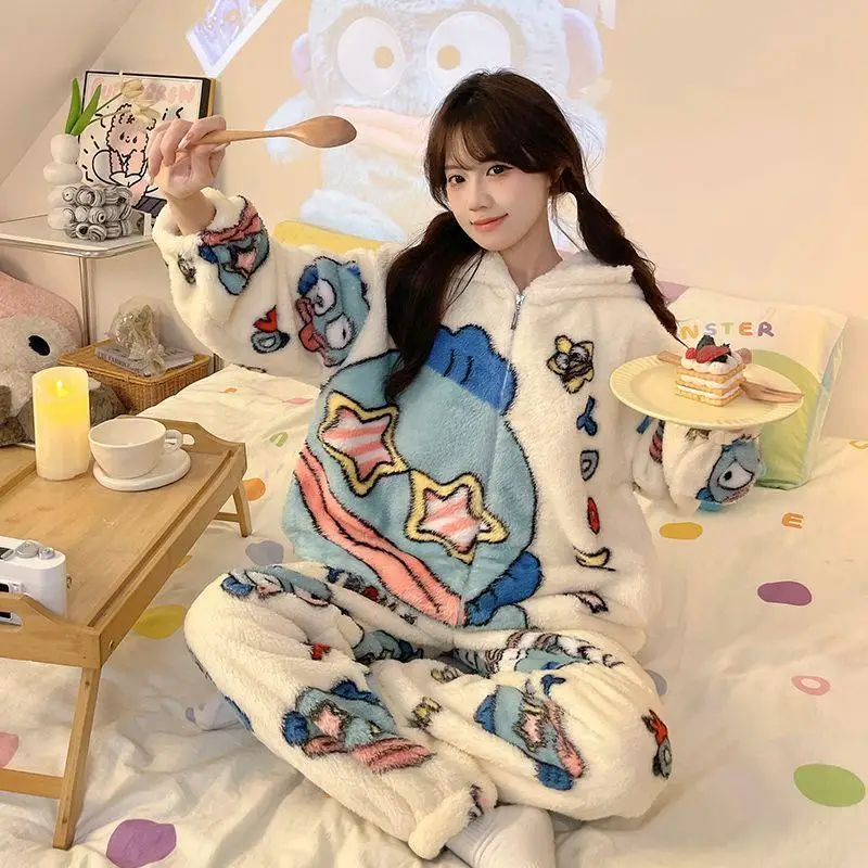

Комплект Sanrio для девочек, зимний утепленный пижамный комплект из кораллового флиса с капюшоном, Kawaii Hangyodon, сохраняющий тепло, кардиган на молнии, одежда для отдыха