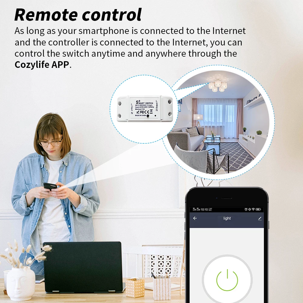 WGHINE CozyLife WiFi Smart Switch 10A Circuit Breaker Module Wireless Timed Light Switches Support Alexa Siri Google Alice