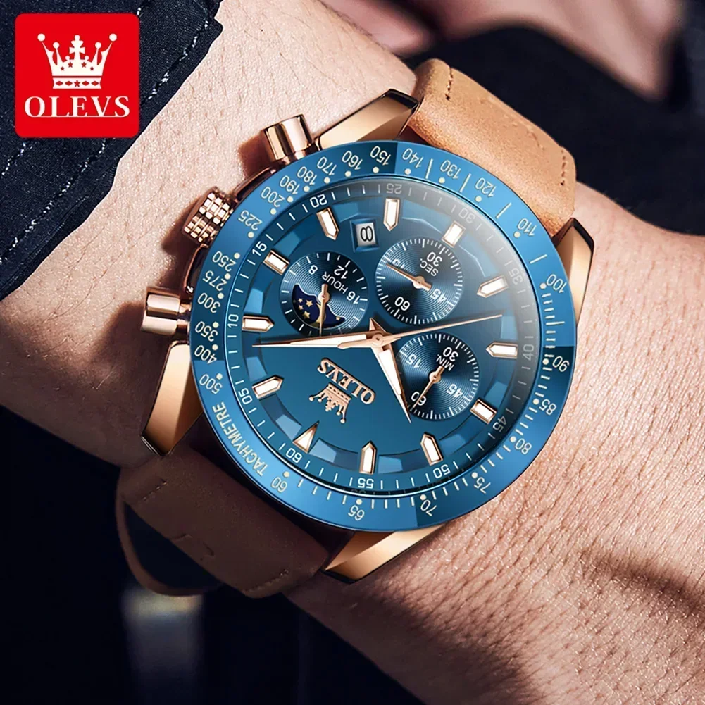 OLEVS 9957 Genuine Leather Strap Sport Watch For Men, Quartz Multi-function Waterproof Men Wristwatch Luminous Chronograph