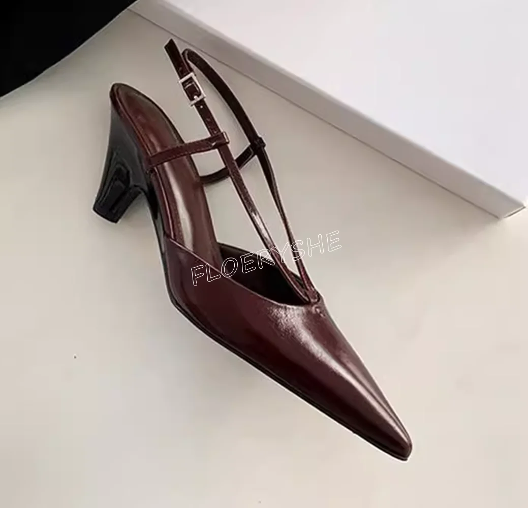 Brown Summer Pointed Toe Pumps Solid Matte Leather Women Chunky Heel Temperament Party Fashion Design Shoes