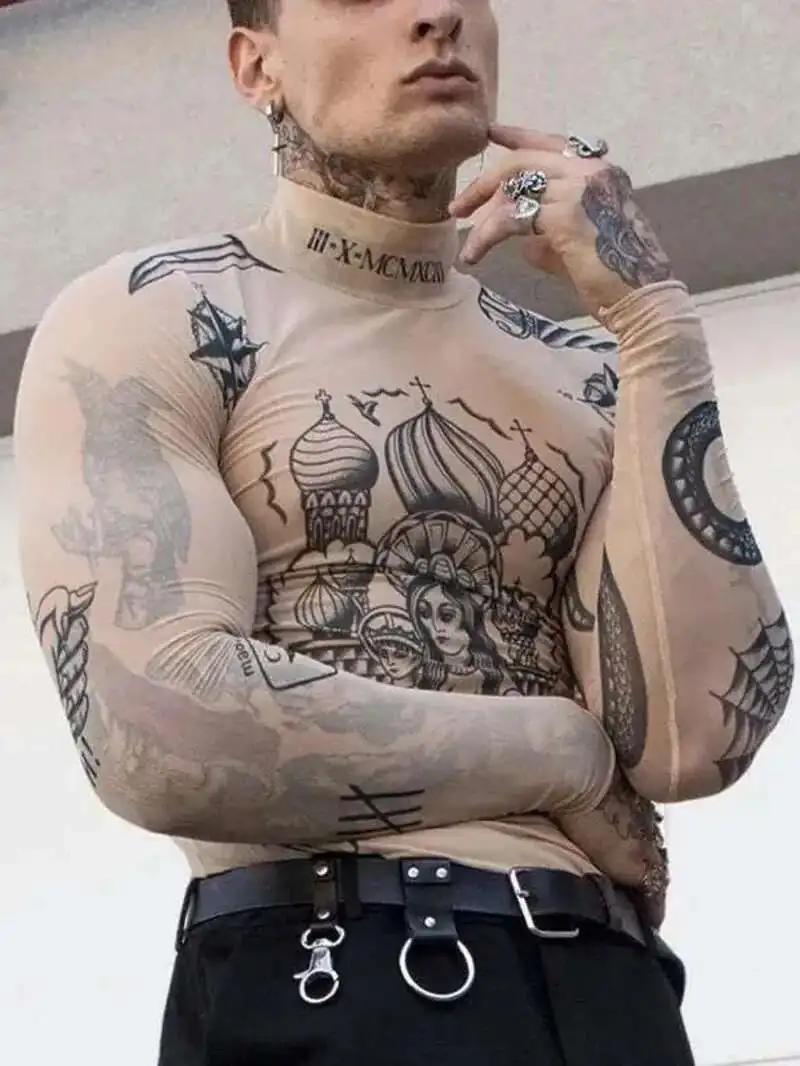 2025 موضة جديدة للنساء والرجال عشاق قمة البازال آلهة الوشم طباعة كم طويل عالية ضيق طوق عارية اللون شبكة الغزل تي شيرت B666