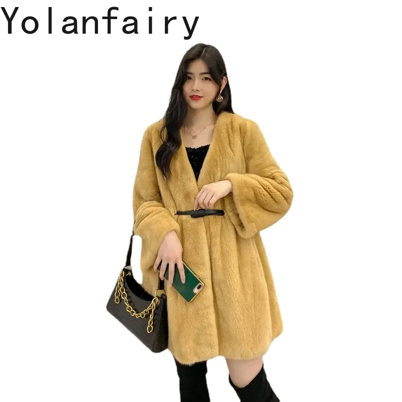 

2023 New Winter Coat Women Mink Fur Coat Women's Whole Mink Midium Fashion V-neck Belt Mink Coat Chaquetas Para Mujer FCY4214