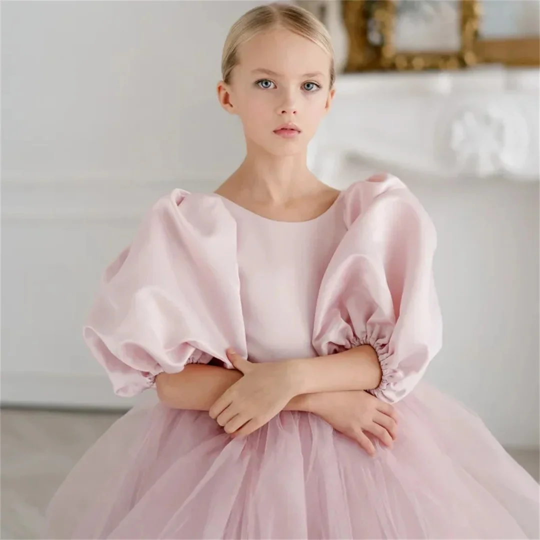 Communion Banquet Princess Flower Girl Dresses Dusty Pink Birthday Holy Gowns Pearls Neck With Bow Half Sleeve