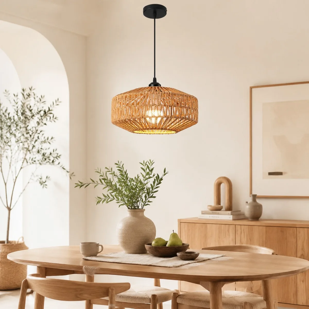 JOYINLED 11.8 Inch Paper Rope Pendant Light, Hand Woven Boho Hanging Light Fixture, Rustic Farmhouse Chandelier with E26/E27 Base and Adjustable 59in Cord, Natural Woven Lampshade Ceiling Lamp for Dining Room, Kitchen Island, Bedroom, Living Room Decor