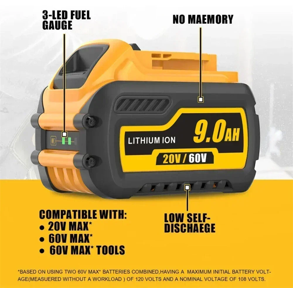 แบตเตอรี่ 60V สําหรับ DeWalt DCB200 9000mAh แบตเตอรี่สูงสุด DCB606 DCB609 DCB205 DCB206 DCB209 DCB182 9.0Ah/6.0Ah แบตเตอรี่เครื่องมือ