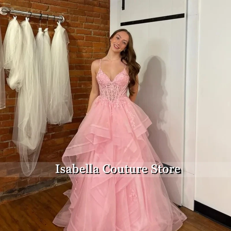 

Pink Spaghetti Strap Evening Dresses Fluffy Embroidered Tulle Prom Dresses Princess Formal Occasions Party Dresses