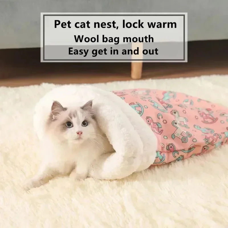 Winter Cat Nest Sleeping Bag Lamb Wool Drill Hole Nest Semi Enclosed Kitten Nest Small Dog Bed Blanket Big Cat Pet Sleeping Bags